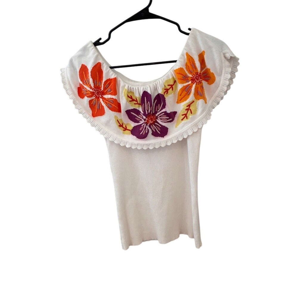 Soft Surroundings Blouse Womens S Ivory Sleeveless Ribbed Knit Floral